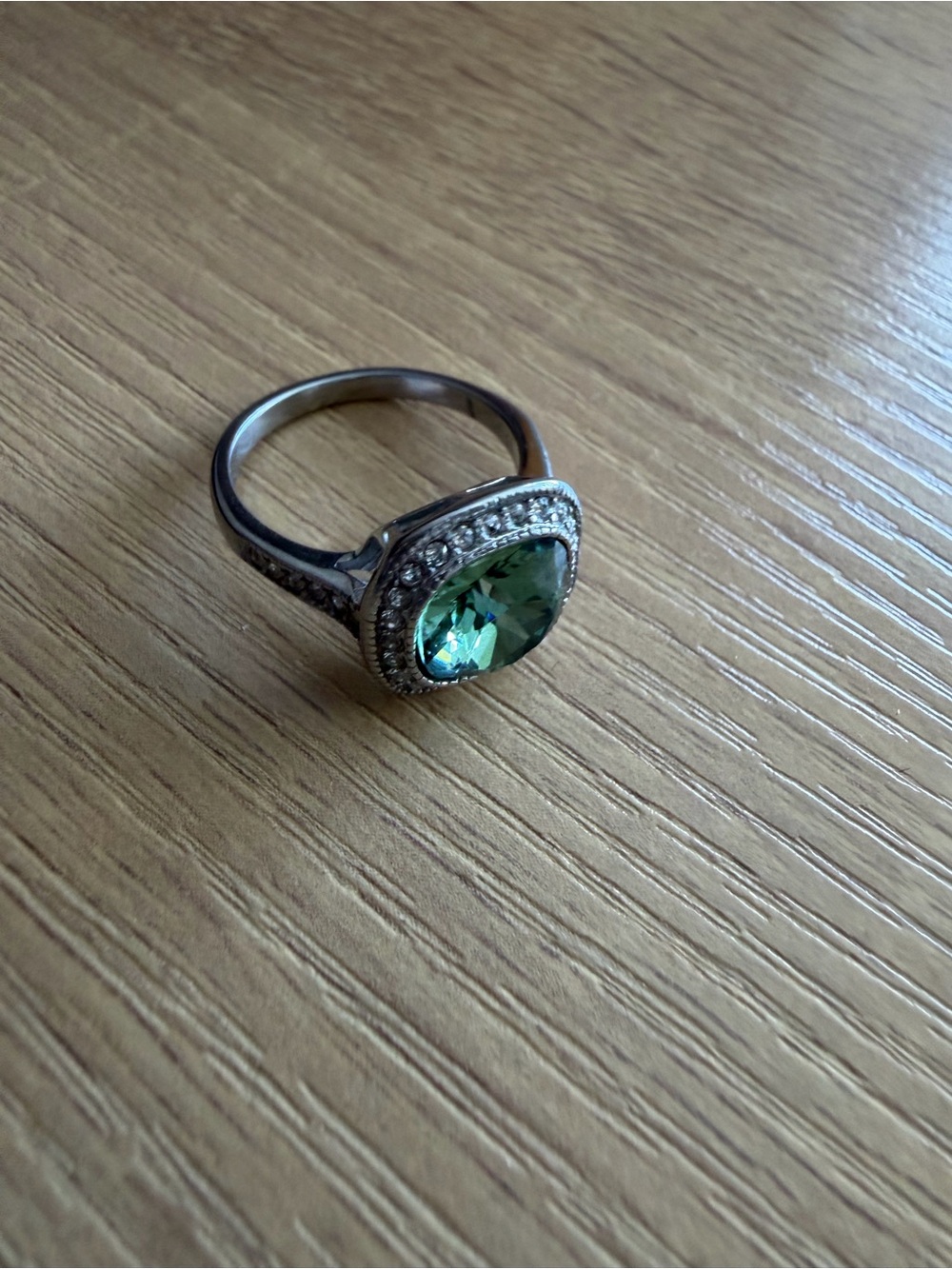 TUSK Silver Tone Halo Ring with Green Cushion-Cut Green Stone